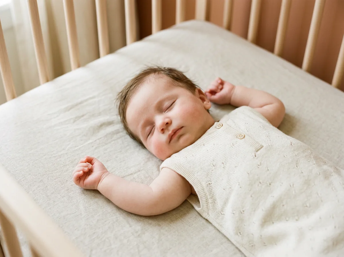 Bebê dormindo de barriga para cima em um berço sem travesseiros nem mantas