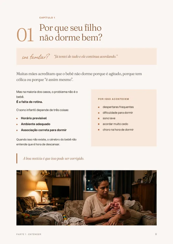 Página 8 do e-book aberta no celular: Por que seu filho não dorme bem?